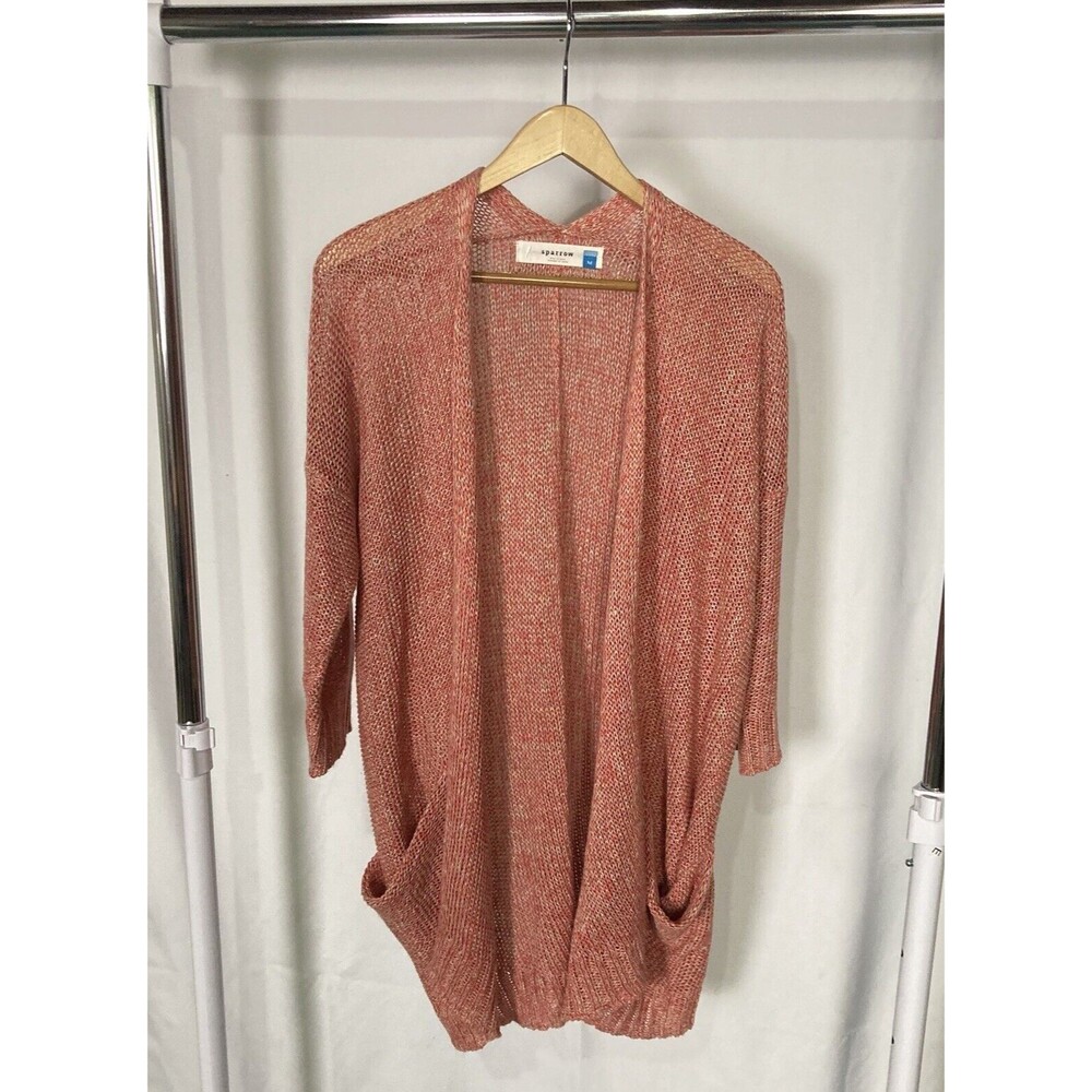 Sparrow ANTHROPOLOGIE Medium Open Front Duster Cardigan Long Coral Open Knit EUC